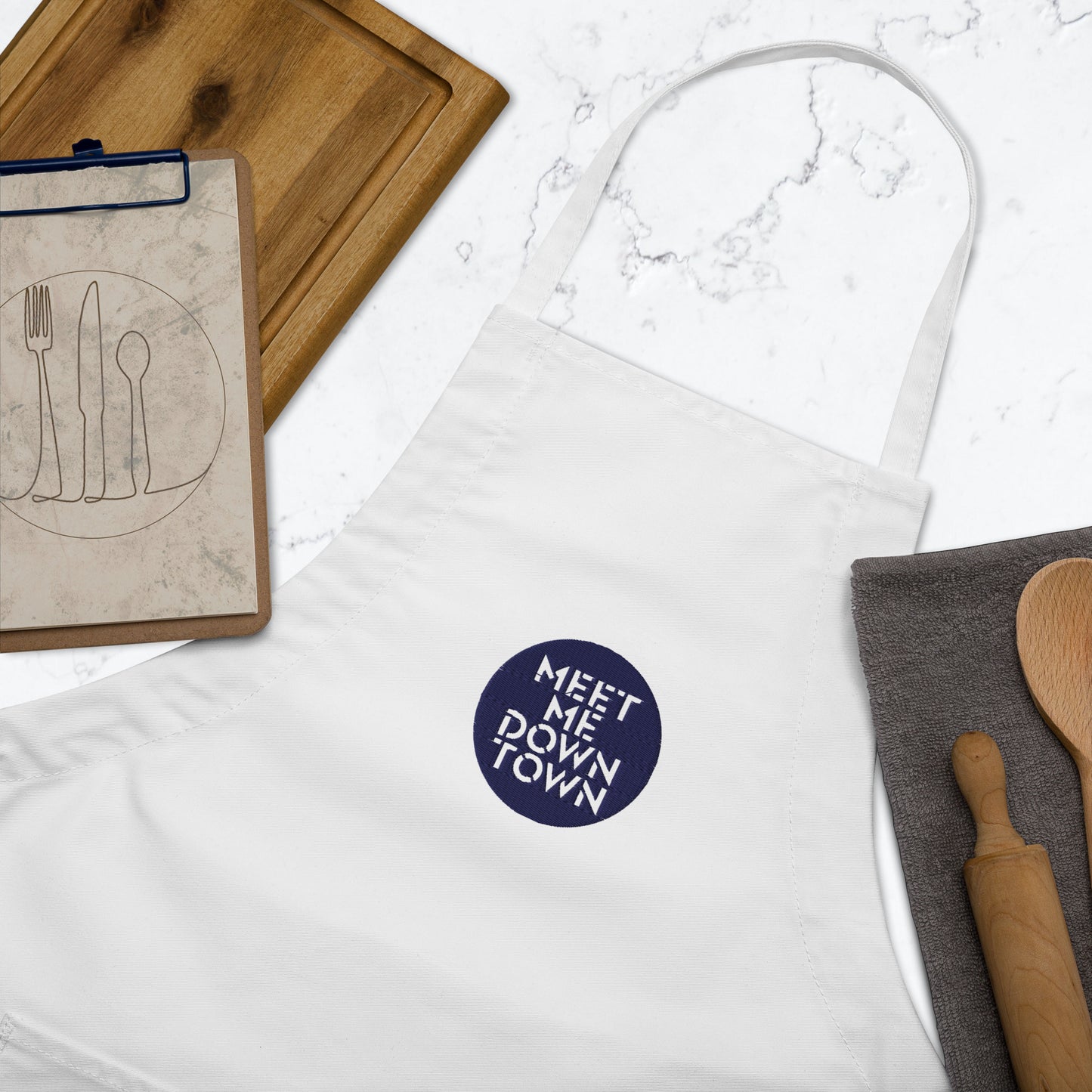 "Meet Me Downtown" (Blue) Embroidered Apron
