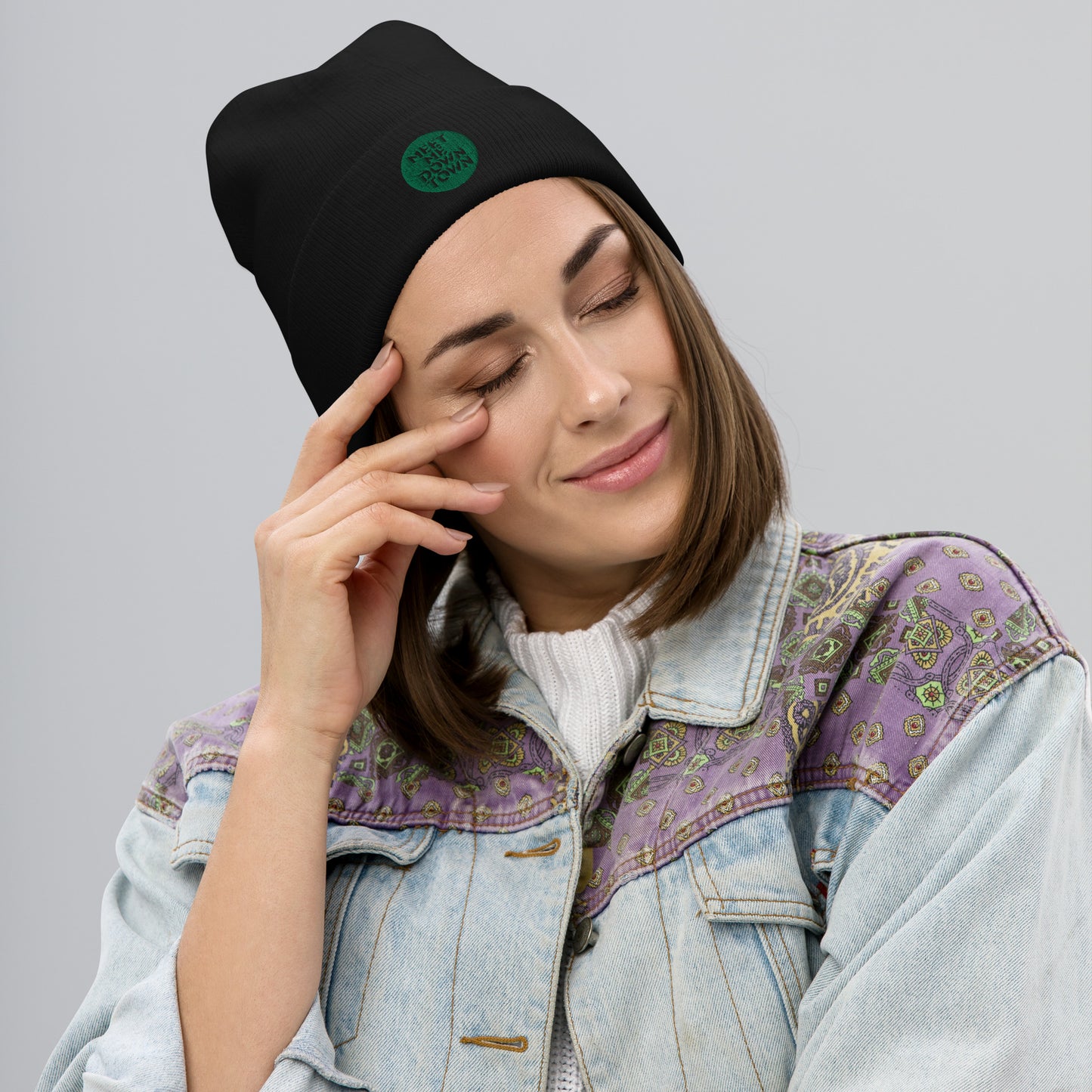 "Meet Me Downtown" Green Embroidered Beanie