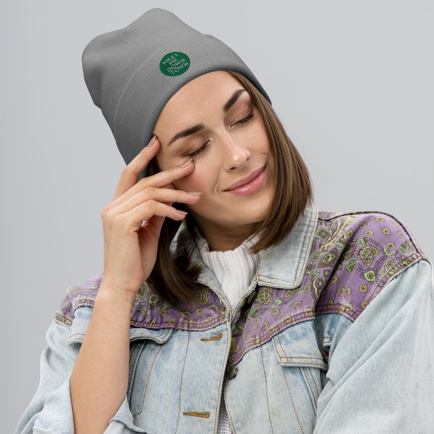 "Meet Me Downtown" Green Embroidered Beanie