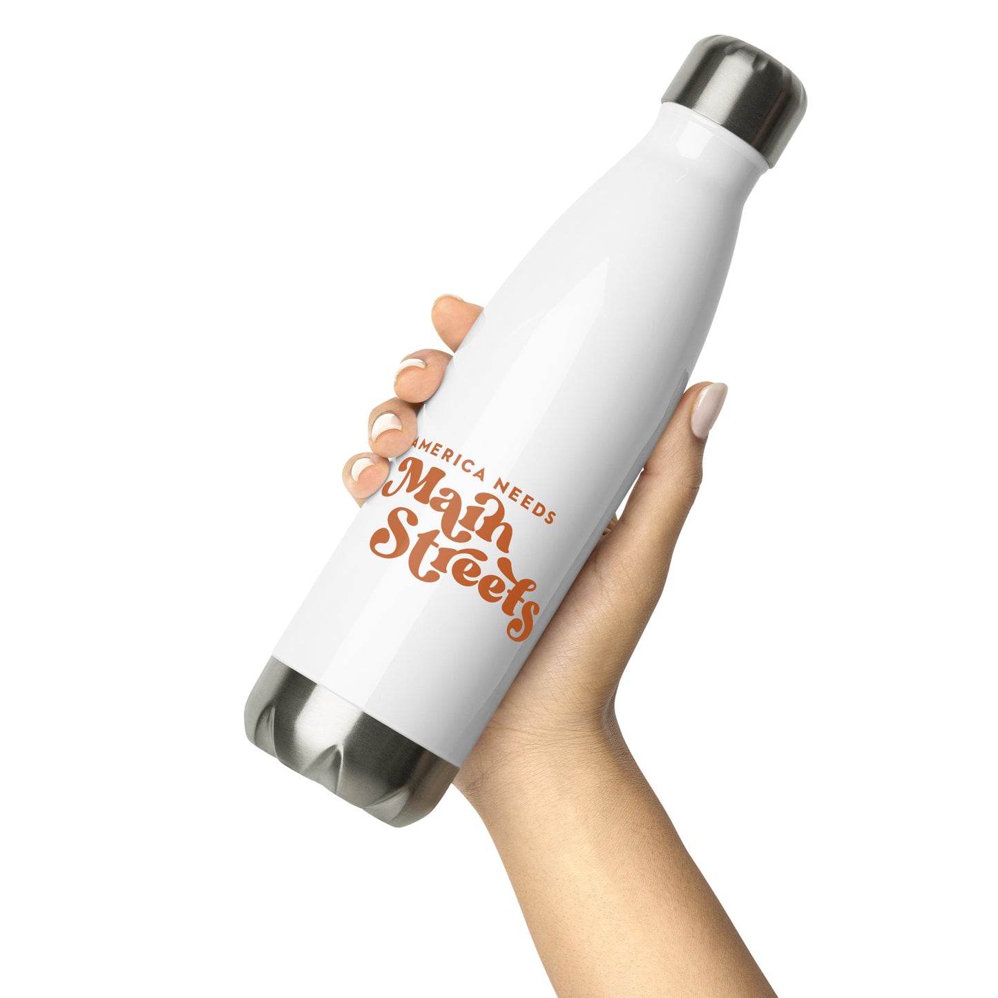 "America Needs Main Streets" White & Orange Stainless Steel Water Bottle