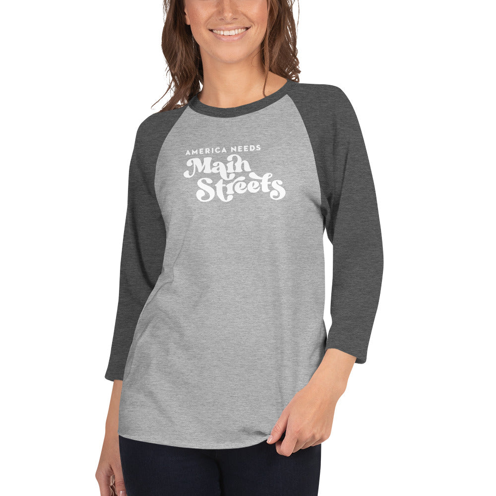 "America Needs Main Streets' White Unisex 3/4 Sleeve Raglan Shirt