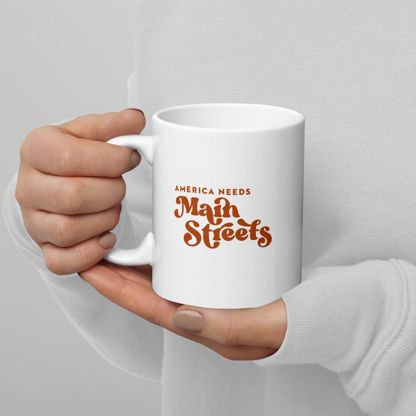 "America Needs Main Streets" Orange & White Glossy Mug