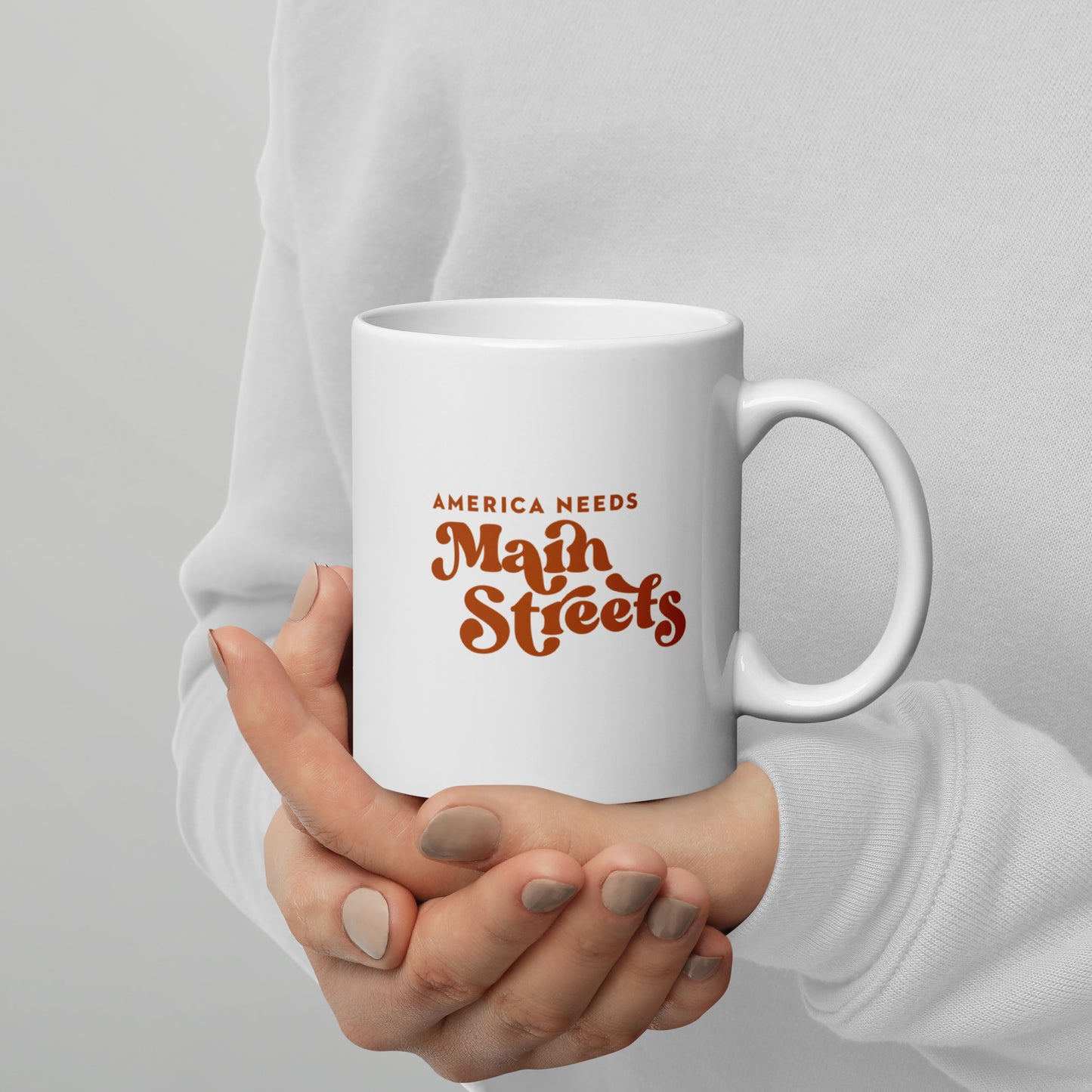 "America Needs Main Streets" Orange & White Glossy Mug