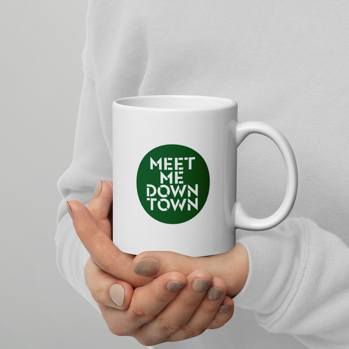 "Meet Me Downtown" Green White Glossy Mug