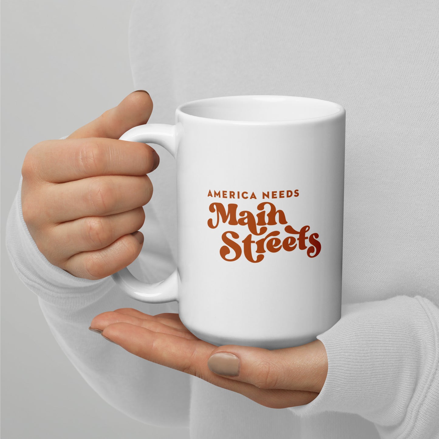 "America Needs Main Streets" Orange & White Glossy Mug