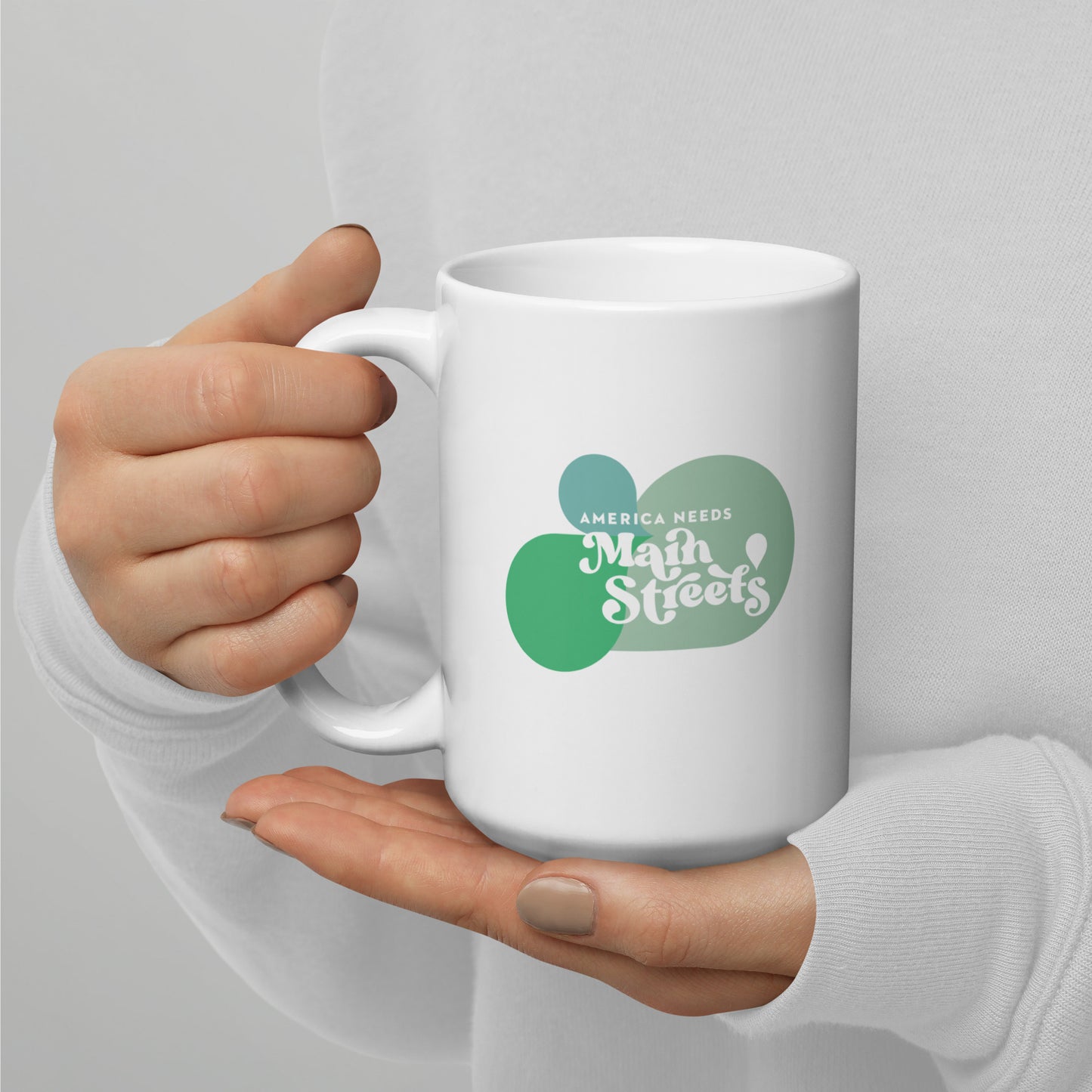 "America Needs Main Streets" Green White Glossy Mug