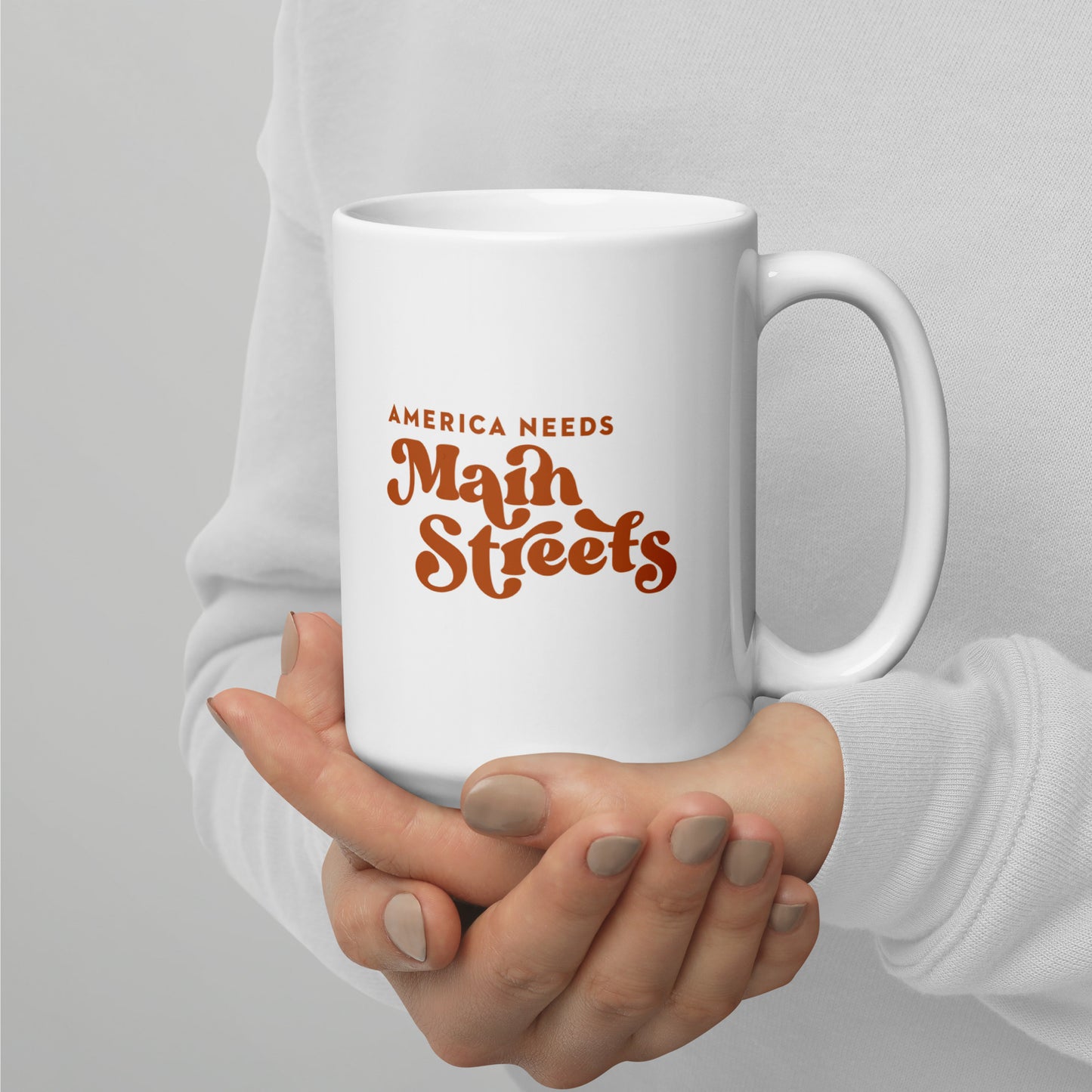 "America Needs Main Streets" Orange & White Glossy Mug