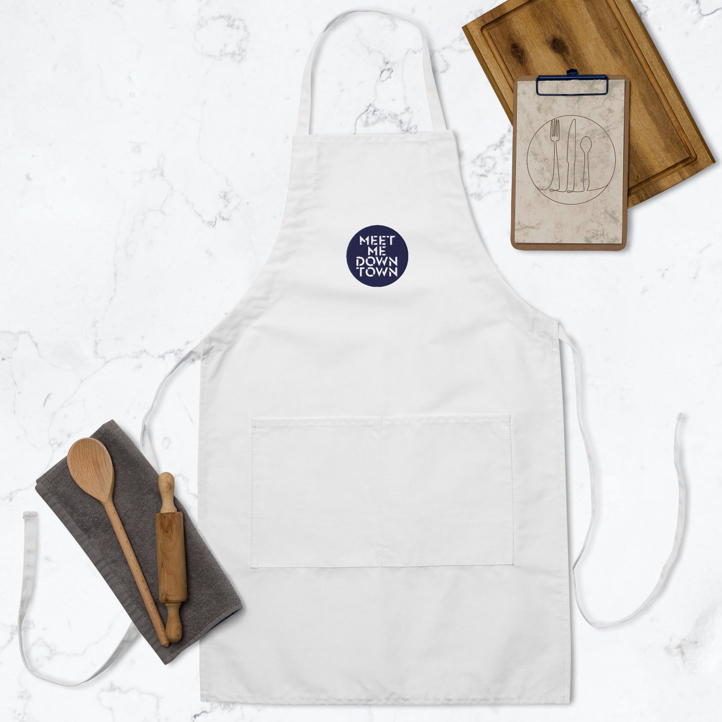 "Meet Me Downtown" (Blue) Embroidered Apron