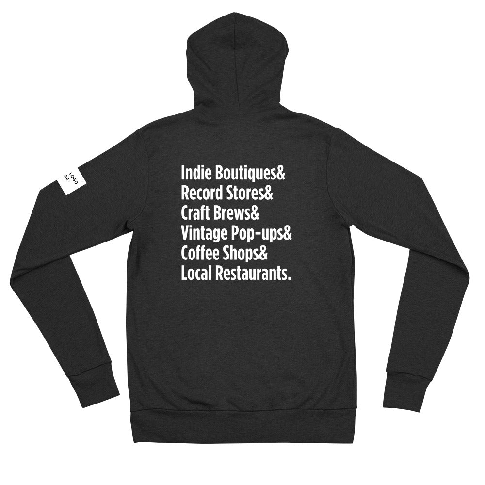 Customizable "Only on Main Streets" (Small Businesses) Unisex Zip Hoodie