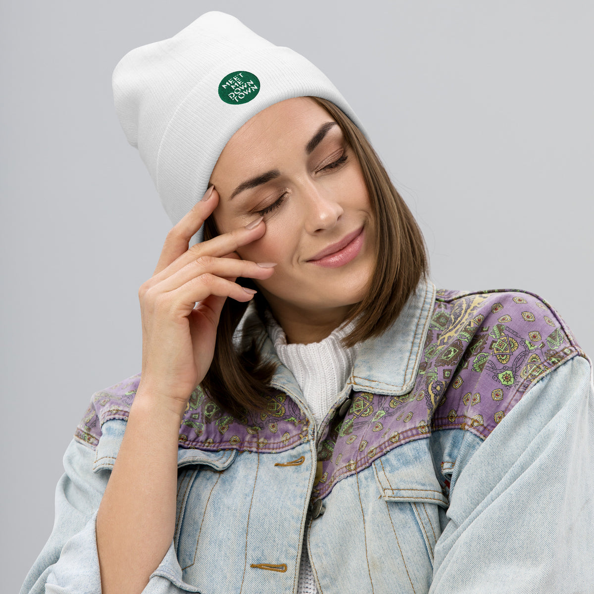 "Meet Me Downtown" Green Embroidered Beanie