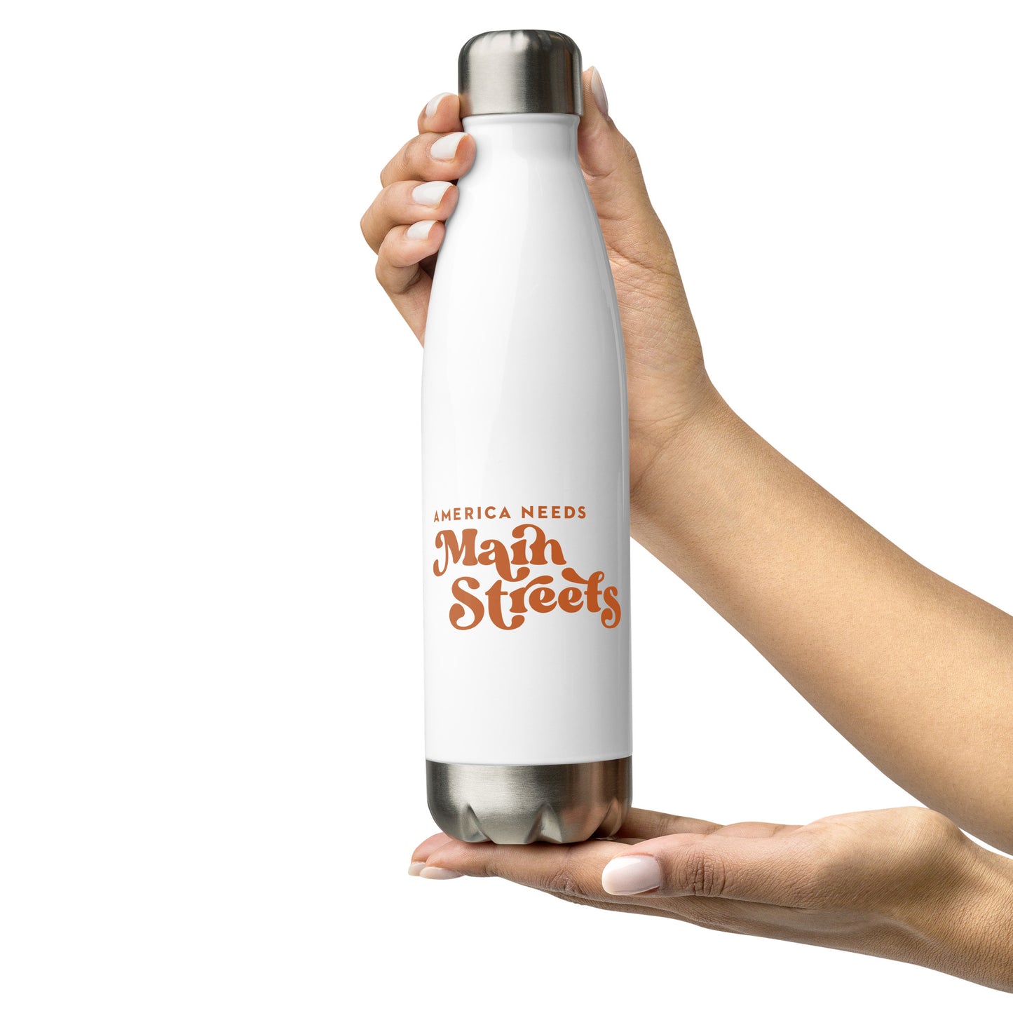 "America Needs Main Streets" White & Orange Stainless Steel Water Bottle