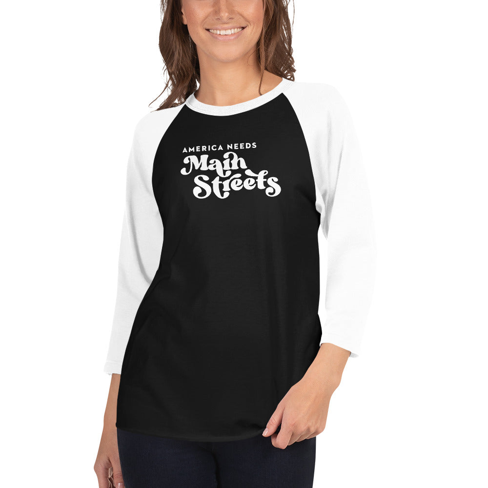 "America Needs Main Streets' White Unisex 3/4 Sleeve Raglan Shirt