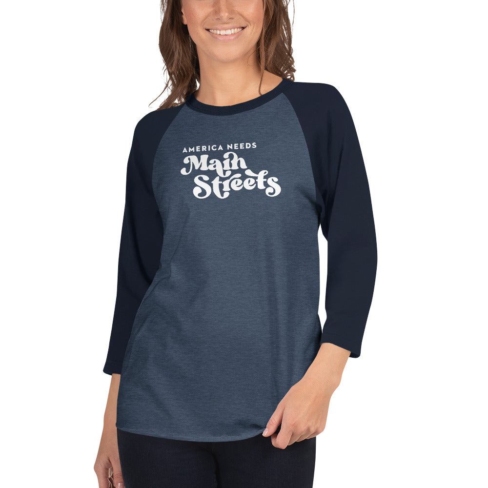 "America Needs Main Streets' White Unisex 3/4 Sleeve Raglan Shirt
