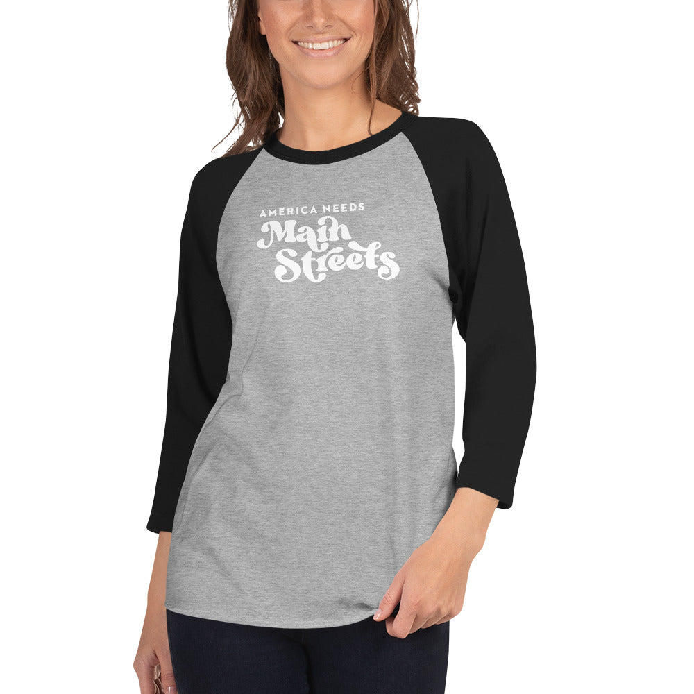 "America Needs Main Streets' White Unisex 3/4 Sleeve Raglan Shirt