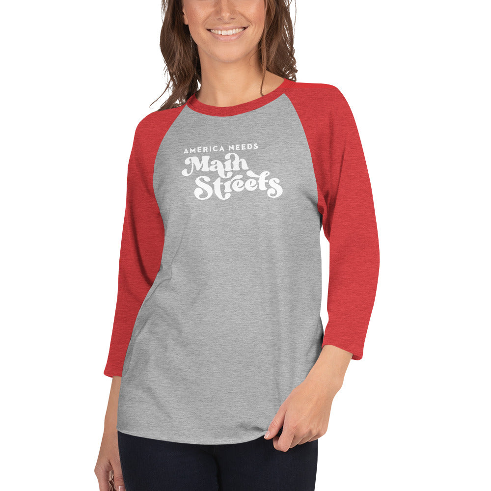 "America Needs Main Streets' White Unisex 3/4 Sleeve Raglan Shirt