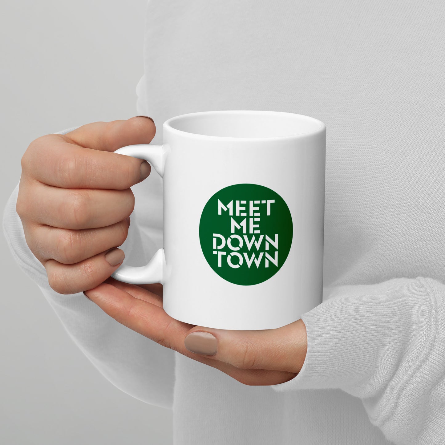 "Meet Me Downtown" Green White Glossy Mug