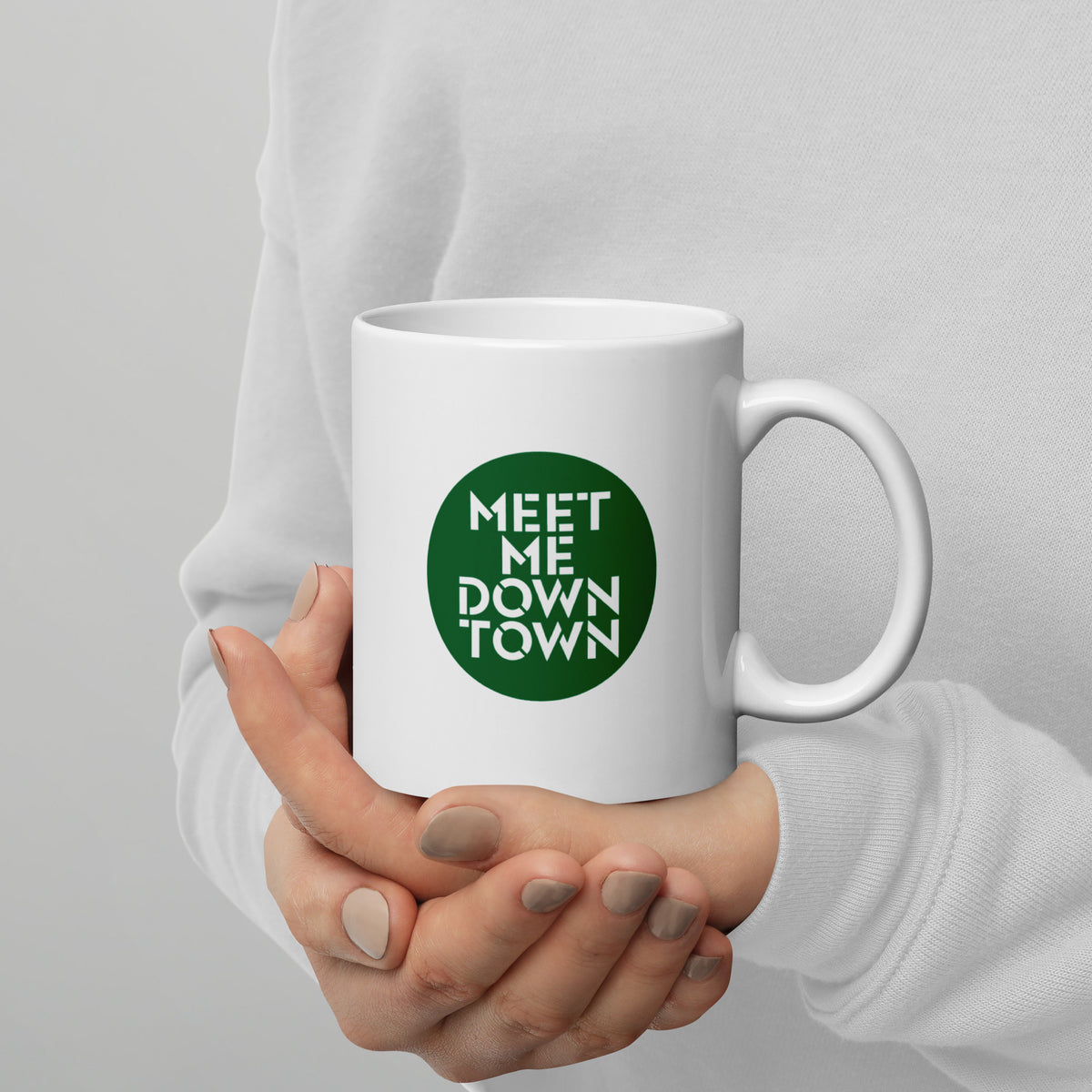 "Meet Me Downtown" Green White Glossy Mug