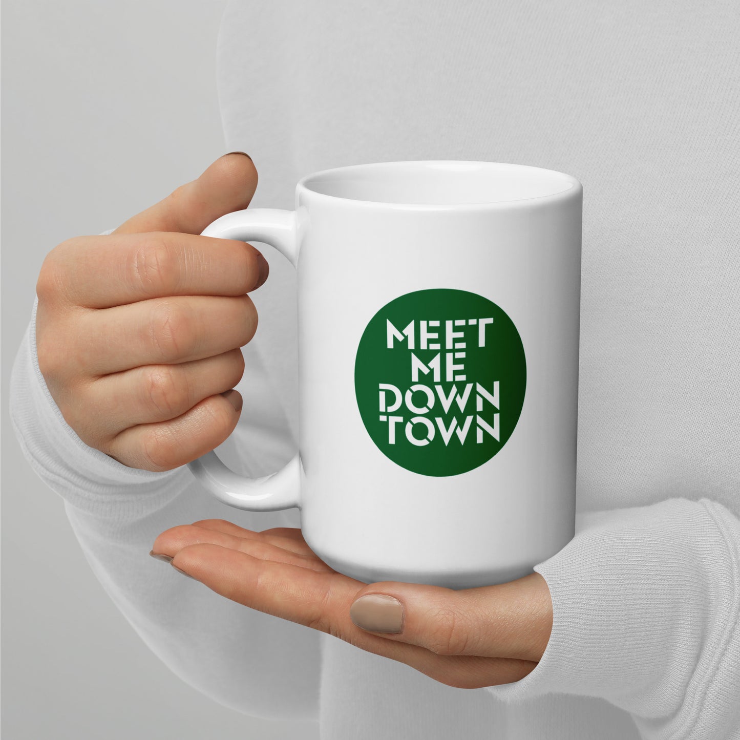 "Meet Me Downtown" Green White Glossy Mug