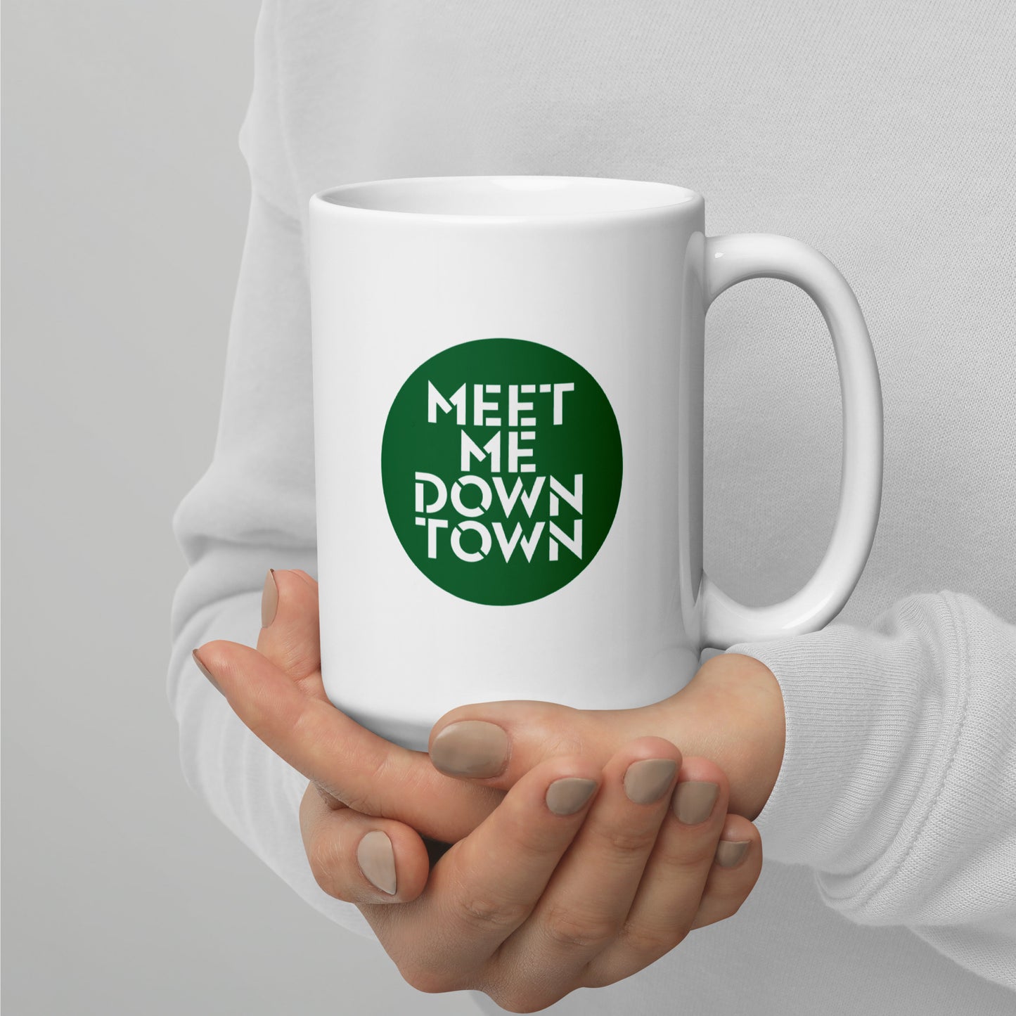 "Meet Me Downtown" Green White Glossy Mug
