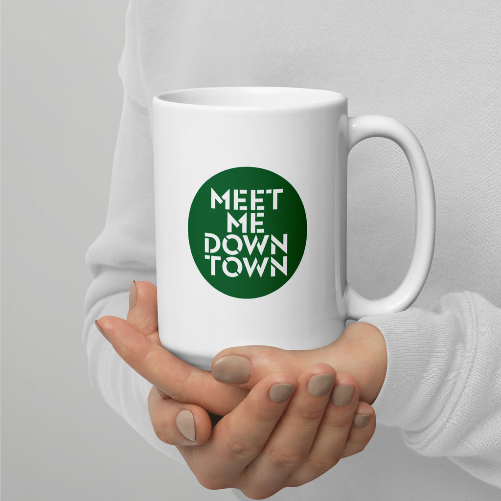 "Meet Me Downtown" Green White Glossy Mug