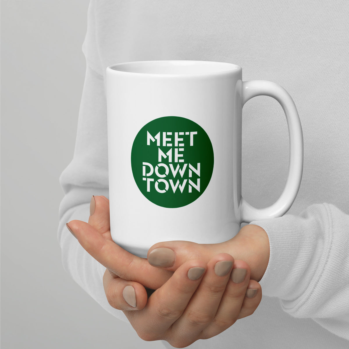 "Meet Me Downtown" Green White Glossy Mug